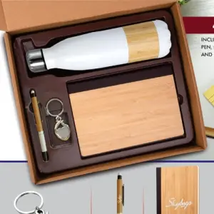 4 in 1 Bamboo set white: Keychain, Bamboo vacuum flask, Bamboo pen and A5 bamboo cover notebook in Kraft Gift Box