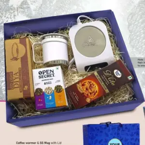 Festive Set of 4: Coffee Warmer Induction Plate with SS Mug Set, LED Light Diya Set of 6, Sugarfree Choco Chip Oat Cookies, Assorted Cookies Pack