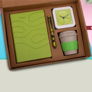 4 in 1 Green set: Bamboo coffee mug, 6 in 1 military pen, Glow Clock and A5 PU notebook in Kraft Gift Box