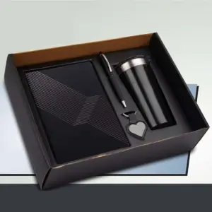 4 in 1 set: Tall sipper mug in 304 steel, Metal pen, A5 notebook and Keychain