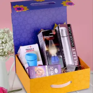 Celebration Set of 5: Glass Mug with Silicon Cover, Decorative LED Blow Lamp, Bullet Vacuum Flask, Mini Mobile Stand, Sugarfree D’Lite Cookies in Magnetic Gift Box with Handle