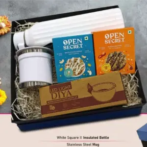 Festive Set of 5: Square Insulated Bottle, SS Mug with Handle, LED Light Diya Set of 6, 2 Choco Cashew Cookies, 2 Peanut Butter Cookies