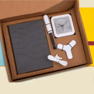 5 in 1 Gray set: Mobile Finger ring, Keychain with Car charger and cable, Spinner with Charging cable, Glow Clock and A5 PU notebook in Kraft Gift Box