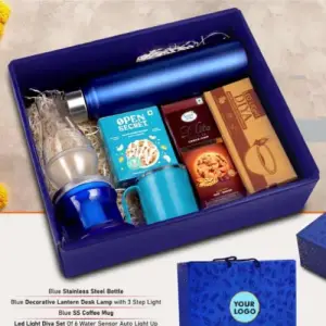 Festive Set of 6: SS Blue Bottle 1L, Decorative LED Lamp, SS Coffee Mug, 2 Choco Cashew Cookies, LED Light Diya Set of 6, Sugarfree Choco Chip Oat Cookies