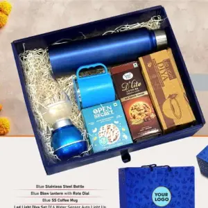 Festive Set of 6: SS Blue A Bottle 1L, Decorative LED Blow Lamp, SS Coffee Mug, 2 Choco Cashew Cookies, LED Light Diya Set of 6, Sugarfree Choco Chip Oat Cookies