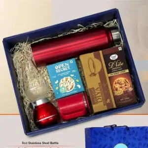 Festive Set of 6: SS Bottle 1L, Decorative LED Blow Lamp, SS Coffee Mug, 2 Choco Cashew Cookies, LED Light Diya Set of 6, Sugarfree Choco Chip Oat Cookies
