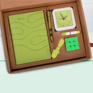 6 in 1 Green set: Rubik Cube, Gel Highlighter, Mobile Fan, 6 in 1 military pen, Glow Clock & A5 PU notebook in Kraft Gift Box