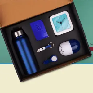 6 in 1 set: Steel Water bottle (750ml), Adjustable mobile stand, Charging cable with keychain, Glowing Car charger, Glow Clock, Air freshener