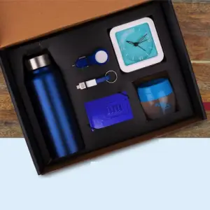 6 in 1 set: Steel Water bottle (750ml), Adjustable mobile stand, Charging cable with keychain, Glowing Car charger, Glow Clock, Large Air freshener