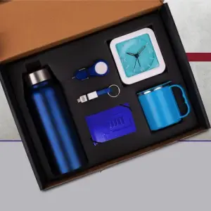 6 in 1 set: Steel Water bottle (750ml), Adjustable mobile stand, Charging cable with keychain, Glowing Car charger, Glow Clock, SS mug