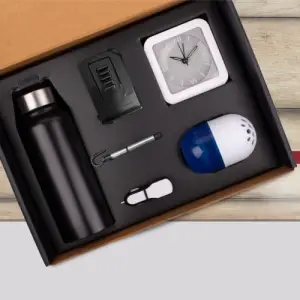 6 in 1 set: Steel Water bottle (750ml), Adjustable mobile stand, Jack Stylus with Mobile stand, Glowing Fast Car charger, Glow Clock, Air freshener