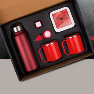 6 in 1 set: Steel Water bottle (750ml), Silicon mobile stand, Glowing Car charger, Glow Clock, Two Stainless steel mugs