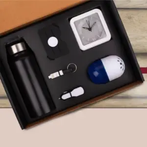6 in 1 set: Steel Water bottle (750ml), Silicon mobile wallet, Charging cable with keychain, Glowing Fast Car charger, Glow Clock, Air freshener