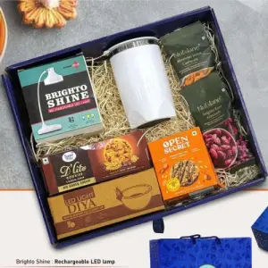 Festive Set of 7: Brighto Shine Rechargeable Lamp, Premium SS Mug, LED Light Diya Set of 6, Sugarfree Choco Chip Oat Cookies, Mexican Salsa Cashews, Belgian Rose Almonds, 2 Peanut Butter Cookies