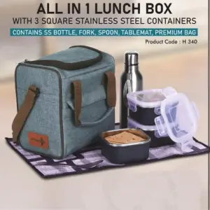 All in 1 Lunch box with 3 Square Stainless Steel