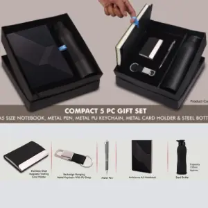 Compact 5 Pc Black Gift Set_ A5 Size Notebook, Metal Pen, Metal Pu Keychain, Metal Card Holder & Straight Steel Bottle