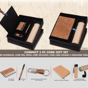 Compact 5 Pc Cork Gift Set: Cork Notebook, Cork Pen, Metal Cork Keychain, Cork Card Holder & Insulated Steel Bottle