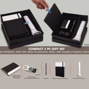Compact 5 Pc Gift Set_ A5 Size Notebook, Metal Pen, Metal Pu Keychain, Metal Card Holder & Folding COB Desk Lamp