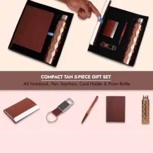 Compact 5 Pc Tan Gift Set: A5 Size Notebook, Metal Pen, Metal Pu Keychain, Metal Card Holder & Prism Steel Bottle