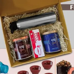 Festive Gift Set of 4: 6 pc diya set, Steel Bottle & 2 x Gourmet Popcorn | Metal Plate included