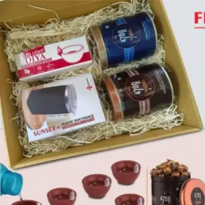 Festive Gift Set of 4: 6 pc diya set, Magic Suction mug & 2 x Gourmet Popcorn | Metal Plate included