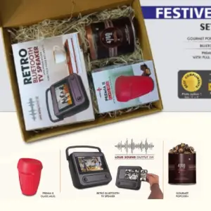 Festive Gift Set of 3: Premium Glass mug, Bluetooth TV Speaker & Gourmet Popcorn | Metal Plate included