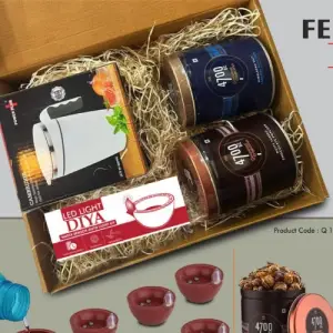 Festive Gift Set of 4_ 6 pc diya set, Large Suction mug & 2 x Gourmet Popcorn _ Metal Plate included