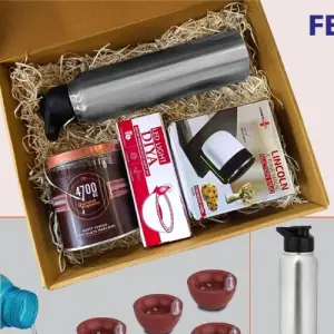 Festive Gift Set of 4: 6 pc diya set, Magic Suction mug, Steel Bottle & Gourmet Popcorn | Metal Plate included