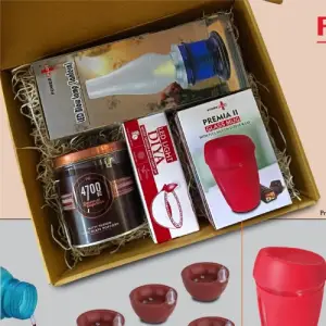 Festive Gift Set of 4: 6 pc diya set, Premium Glass mug, 3 Step Lamp & Gourmet Popcorn | Metal Plate included