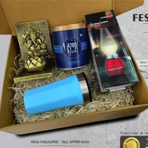 Festive Gift Set of 4: Gourmet Caramel Popcorn, Hexa Insulated Mug, Blow LED Lamp & Ganesha Tealight holder | Metal Plate included
