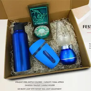 Festive Gift Set of 4: SS Sipper bottle, Premium Glass Mug, Blow LED Lamp & Ganesha Tealight holder | Metal Plate included