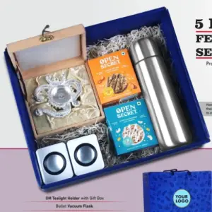 Festive Set of 5_ OM Metal Tealight holder, Mini PC Speaker, Bullet Vacuum Flask, 2 Choco Cashew Cookies, 2 Peanut Butter Cookies