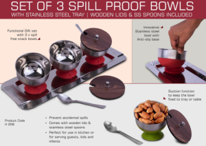 Set of 3 Spill Proof Bowls with Stainless Steel Tray | Wooden Lids & SS Spoons included - Image 2