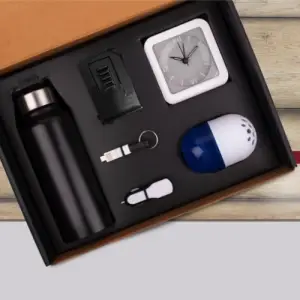 6 in 1 set: Steel Water bottle (750ml), Adjustable mobile stand, Charging cable with keychain, Glowing Fast Car charger, Glow Clock, Air freshener