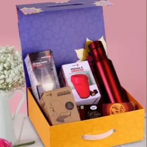 Celebration Set of 5: Glass Mug with Silicon Cover, Decorative LED Blow Lamp, Bolt SS Bottle 750Ml, Large Adjustable Phone Stand, Sugarfree D’Lite Cookies in Magnetic Gift Box with Handle