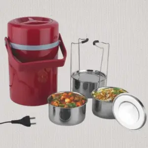 Scarlet Electric Steel Lunch box | 3 SS containers with lifter | Cable compartment in lid
