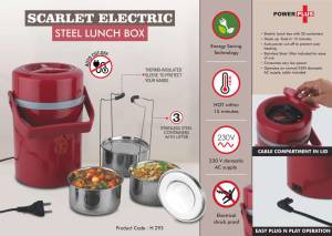 Scarlet Electric Steel Lunch box | 3 SS containers with lifter | Cable compartment in lid - Image 2