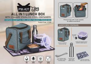 All in 1 Lunch box with 3 Square Stainless Steel containers with striped design | Contains SS bottle, Fork, Spoon, Tablemat, Premium Bag | Bag has 2 outer pockets - Image 2