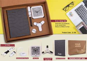 5 in 1 Gray set: Mobile Finger ring, Keychain with Car charger and cable, Spinner with Charging cable, Glow Clock and A5 PU notebook in Kraft Gift Box - Image 2