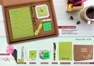 6 in 1 Green set: Rubik Cube, Gel Highlighter, Mobile Fan, 6 in 1 military pen, Glow Clock & A5 PU notebook in Kraft Gift Box - Image 2