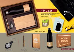 4 in 1 Bamboo set black: Keychain, Bamboo vacuum flask, Bamboo pen and A5 bamboo cover notebook in Kraft Gift Box (Copy) - Image 2