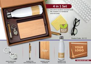 4 in 1 Bamboo set white: Keychain, Bamboo vacuum flask, Bamboo pen and A5 bamboo cover notebook in Kraft Gift Box - Image 2