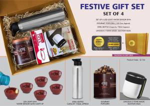 Festive Gift Set of 4: 6 pc diya set, Magic Suction mug, Steel Bottle & Gourmet Popcorn | Metal Plate included - Image 2