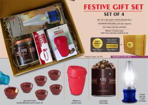 Festive Gift Set of 4: 6 pc diya set, Premium Glass mug, 3 Step Lamp & Gourmet Popcorn | Metal Plate included - Image 2
