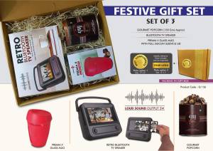 Festive Gift Set of 3: Premium Glass mug, Bluetooth TV Speaker & Gourmet Popcorn | Metal Plate included - Image 2