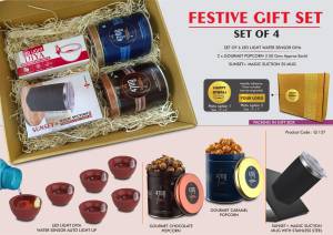 Festive Gift Set of 4: 6 pc diya set, Magic Suction mug & 2 x Gourmet Popcorn | Metal Plate included - Image 2