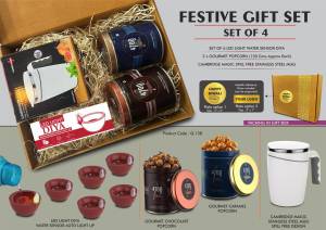 Festive Gift Set of 4: 6 pc diya set, Large Suction mug & 2 x Gourmet Popcorn | Metal Plate included - Image 2