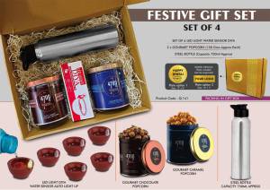 Festive Gift Set of 4: 6 pc diya set, Steel Bottle & 2 x Gourmet Popcorn | Metal Plate included - Image 2