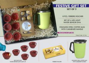 Festive Gift Set of 3: Ferrero Rocher 8 pc box, 6 pc LED Diya, SS Coffee Mug with Handle | Gift Box Packing - Image 2