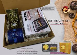 Festive Gift Set of 3: TV style BT speaker, Gourmet Caramel Popcorn & Ganesha Tealight holder | Metal Plate included - Image 2